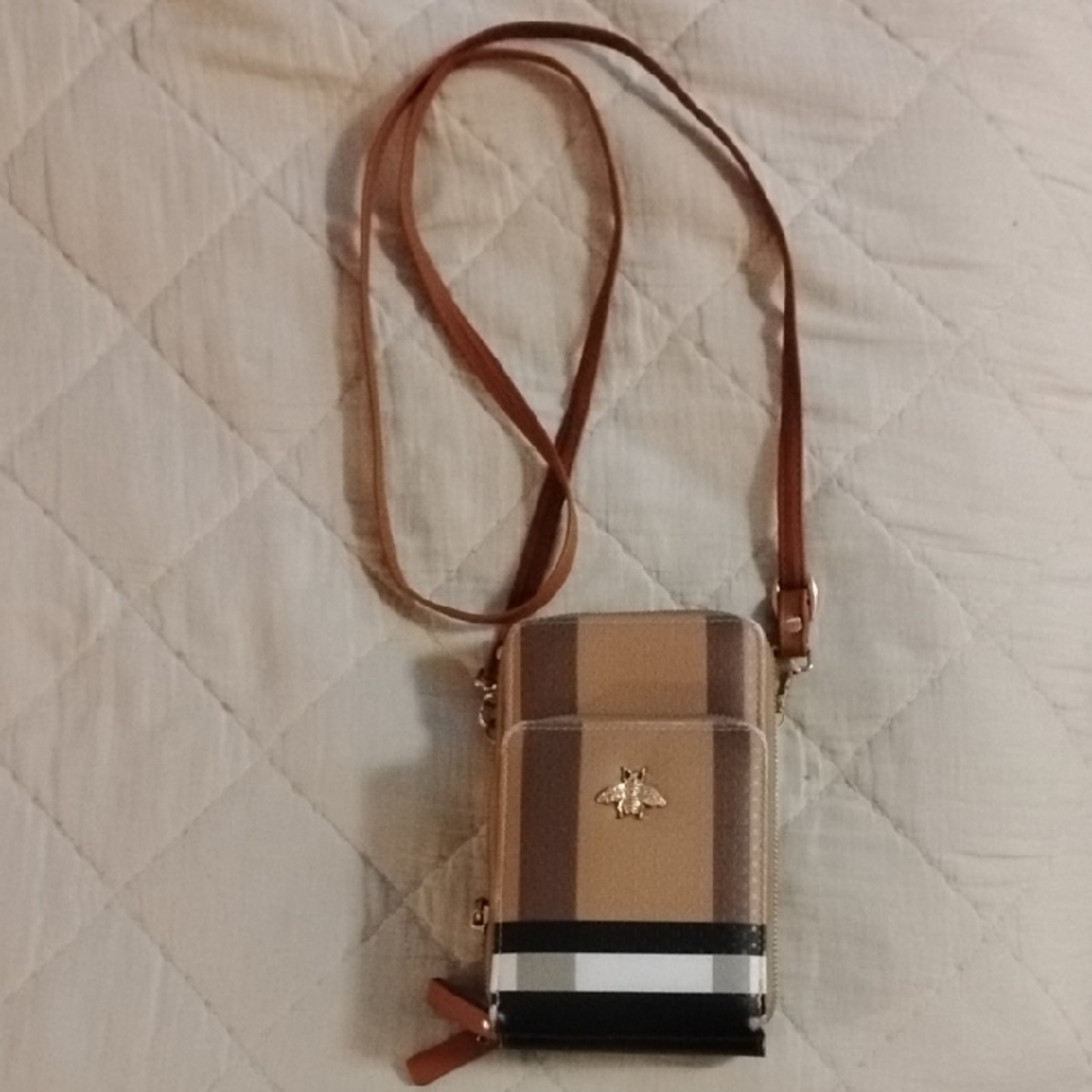Tan and Black Crossbody Bag with Adjustable Strap and Gold Detail